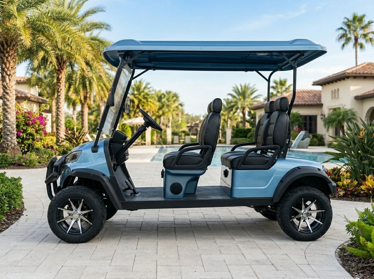 Blue four-seat electric golf cart in a landscaped residential community