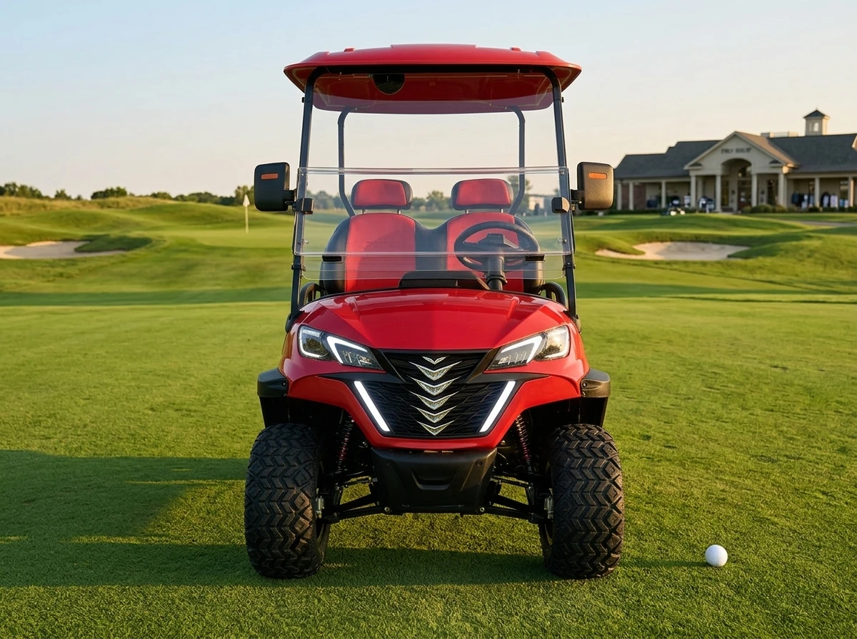 Red electric golf cart on a green golf course
