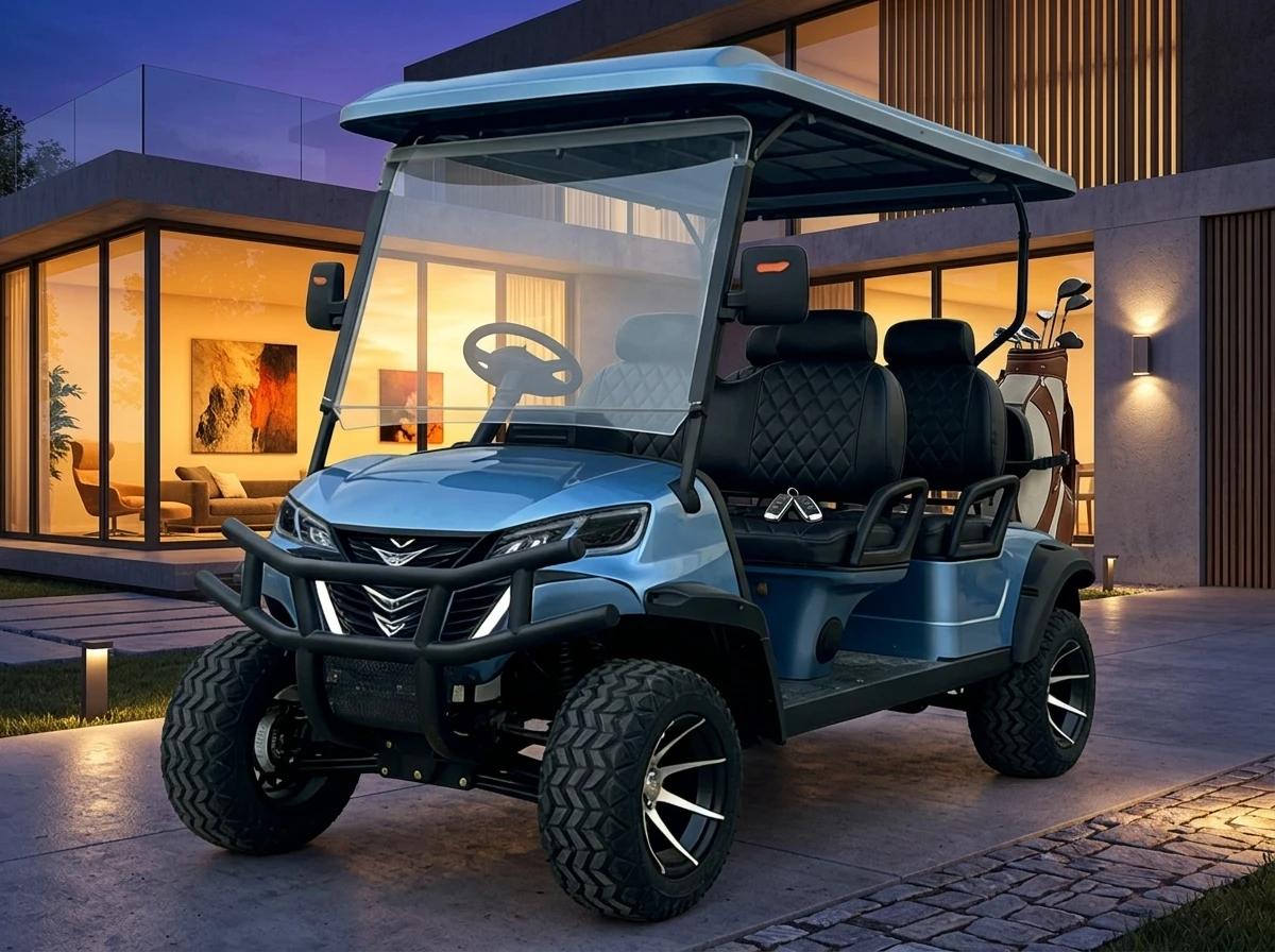 Electric golf cart parked at a resort
