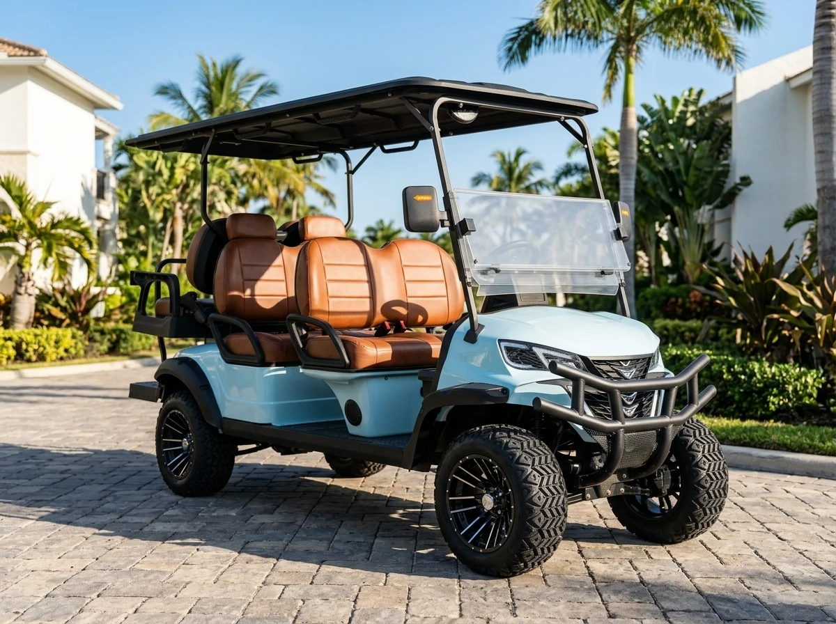 Six-seat electric golf cart on a visitor route