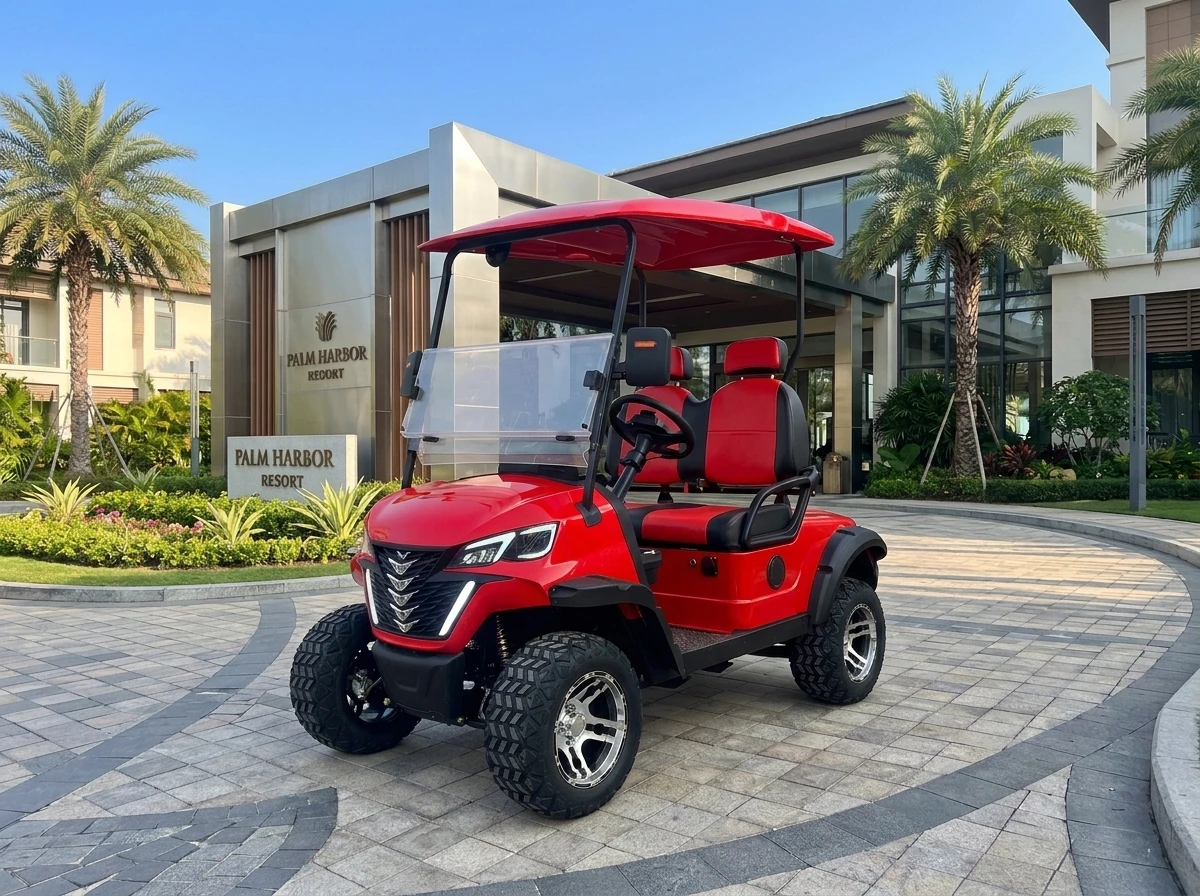 Red two-seat electric golf cart outside a resort-style property