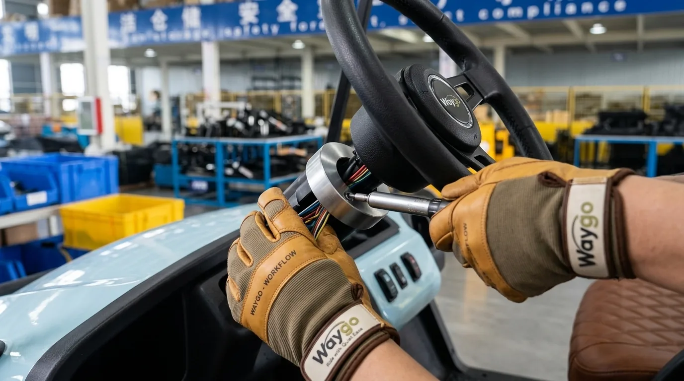 Technician installing components on an electric golf cart during assembly