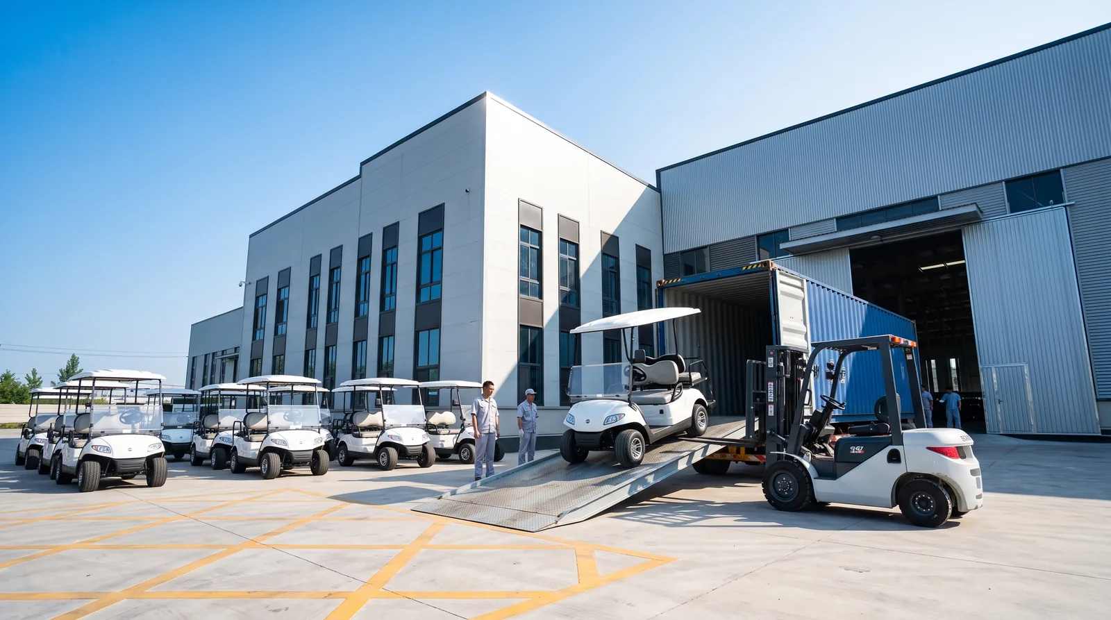 Electric golf carts being loaded into a shipping container for export