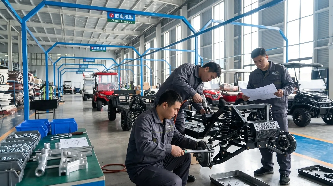 Workers assembling an electric golf cart chassis