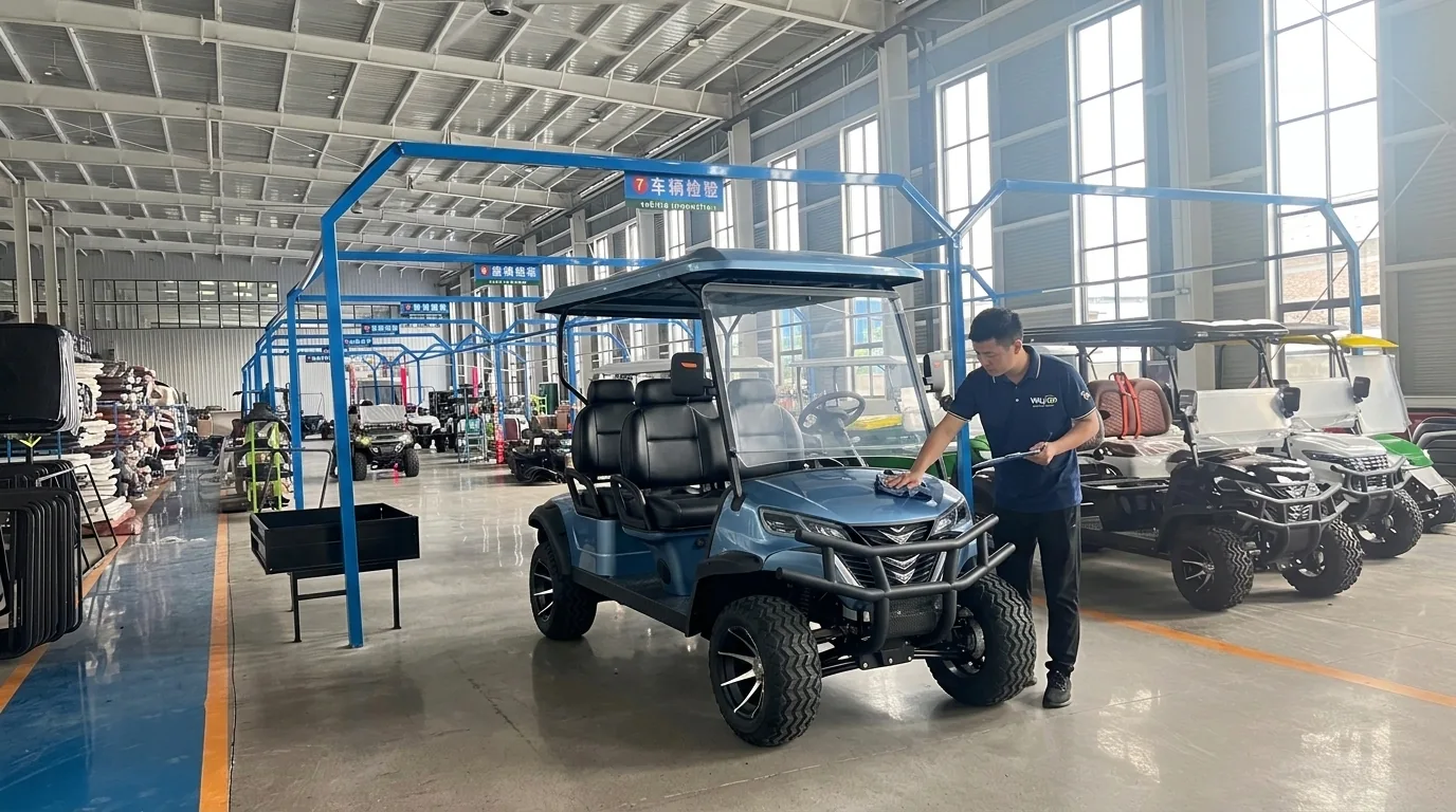 Technician checking an electric golf cart before shipment