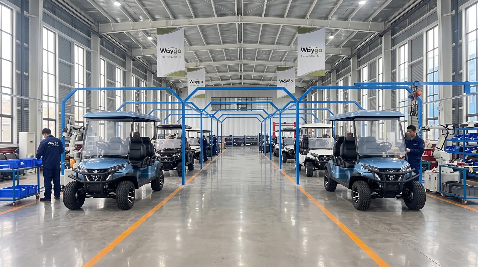 Electric golf carts in a factory assembly line