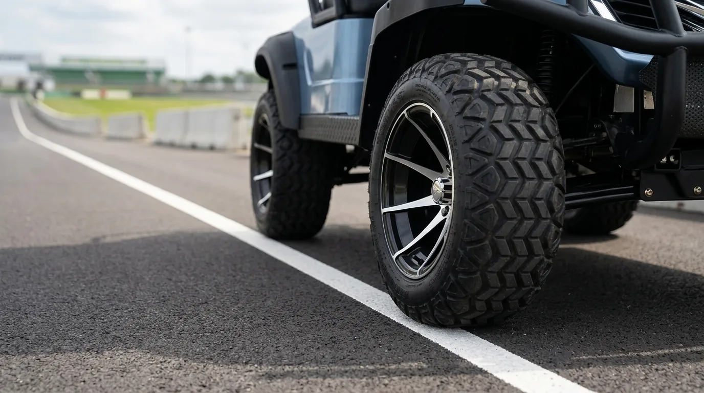Golf cart tires on a factory testing track