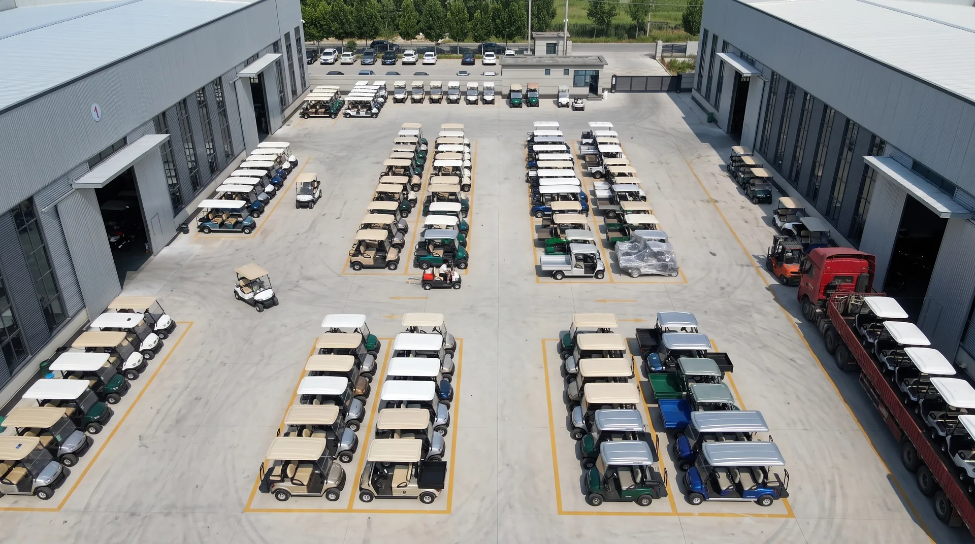 Waygo electric golf carts in the factory yard