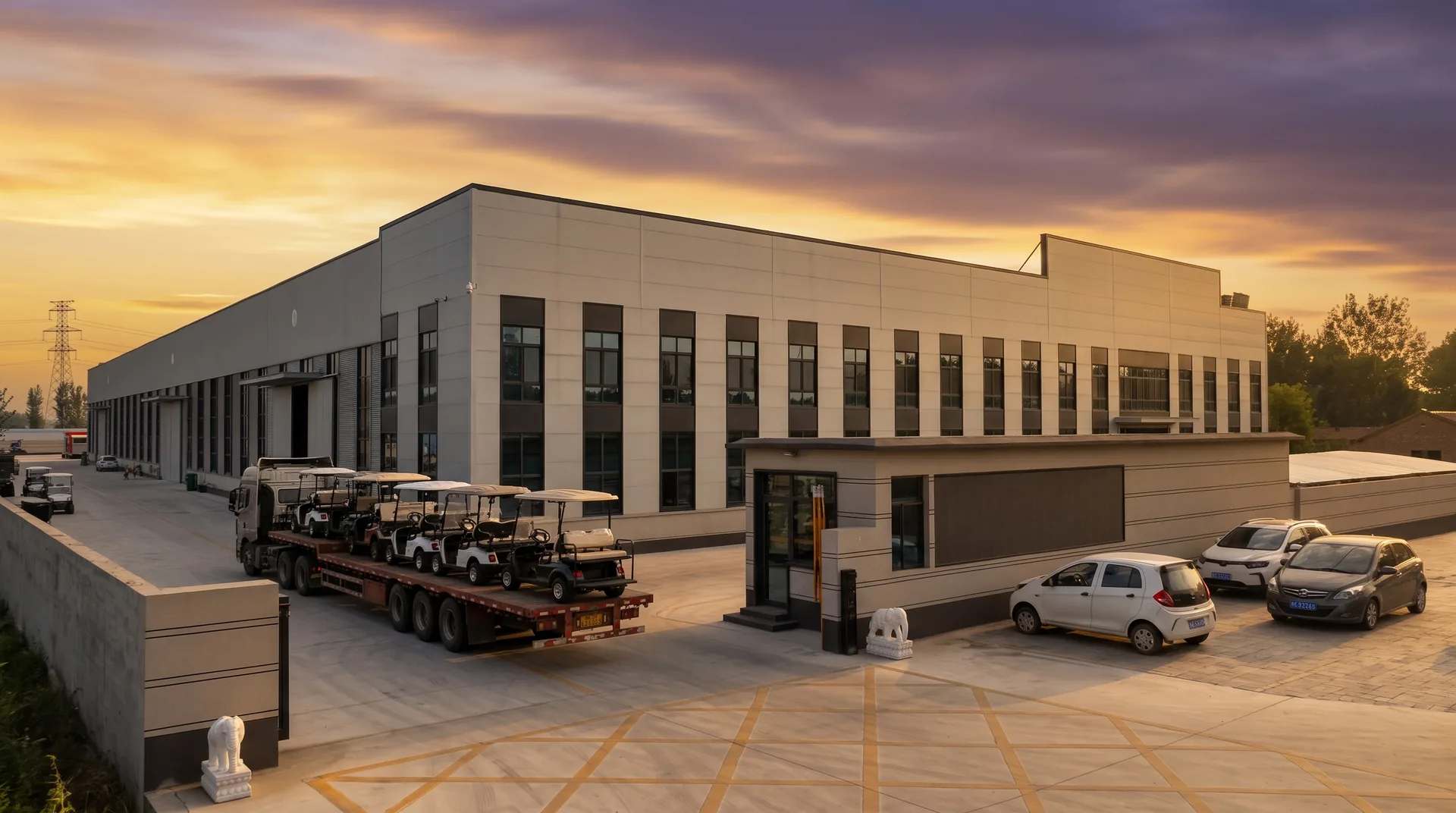 Electric golf carts prepared for transport outside the Waygo factory