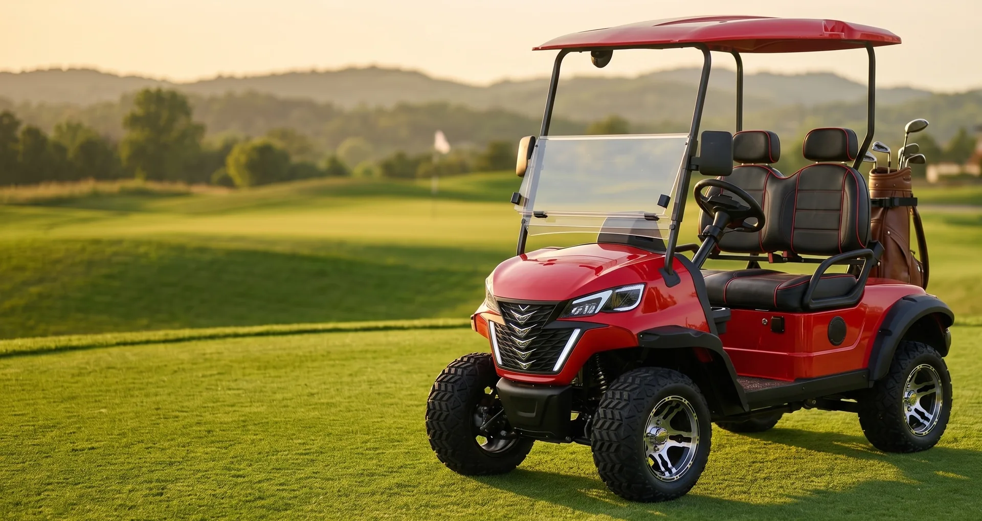 Red electric golf cart on a golf course