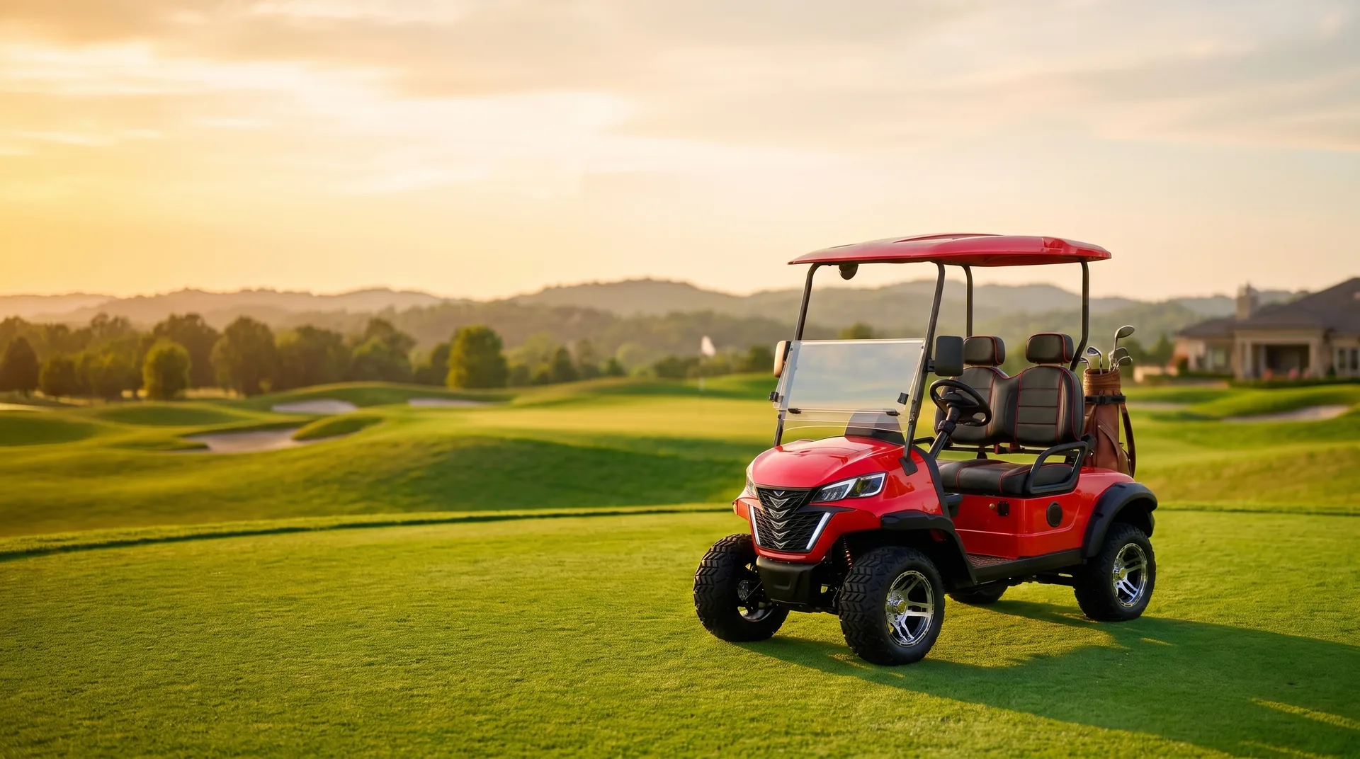 Red electric golf cart on a golf course