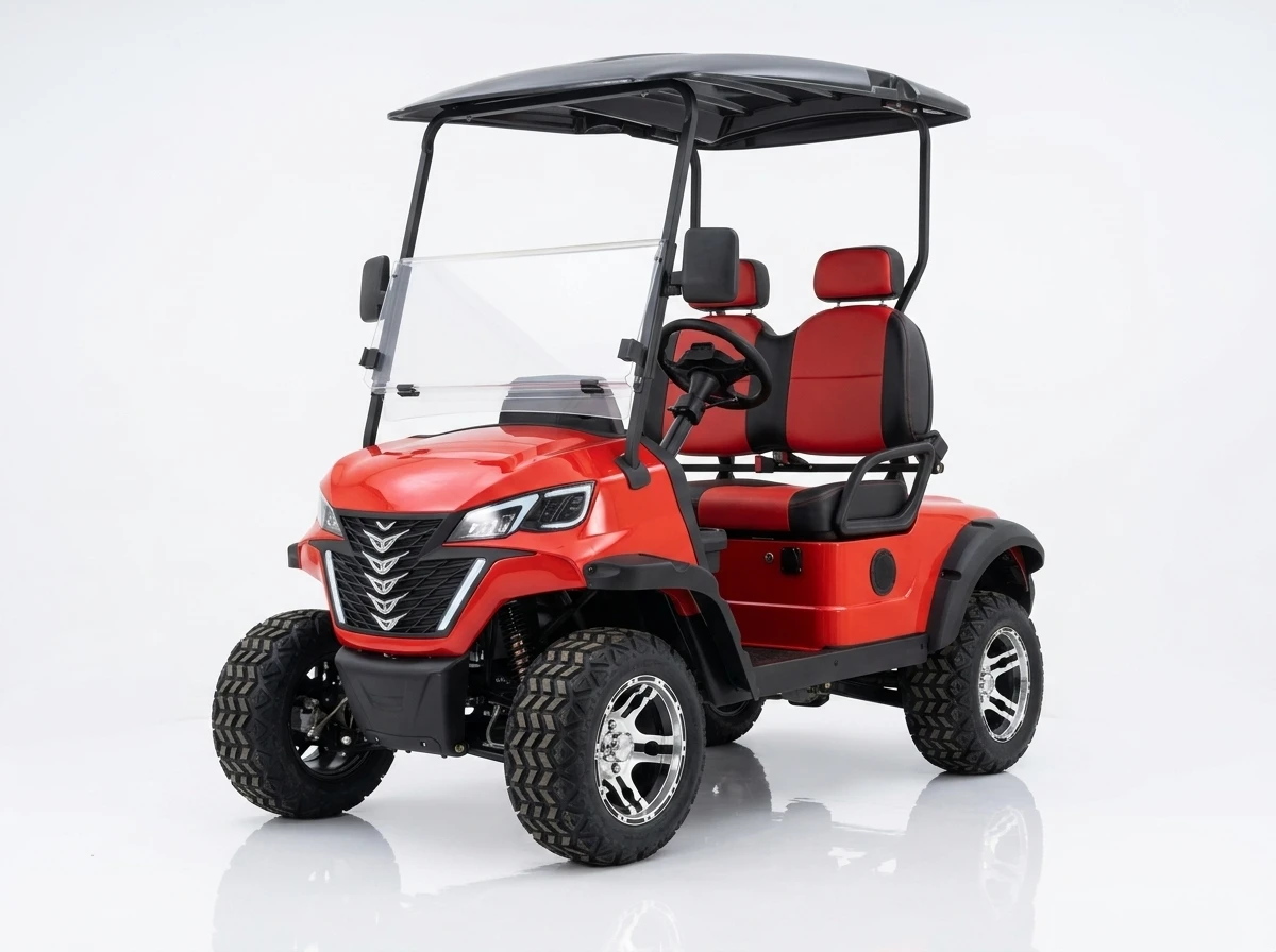 Red two-seat electric golf cart on a white background