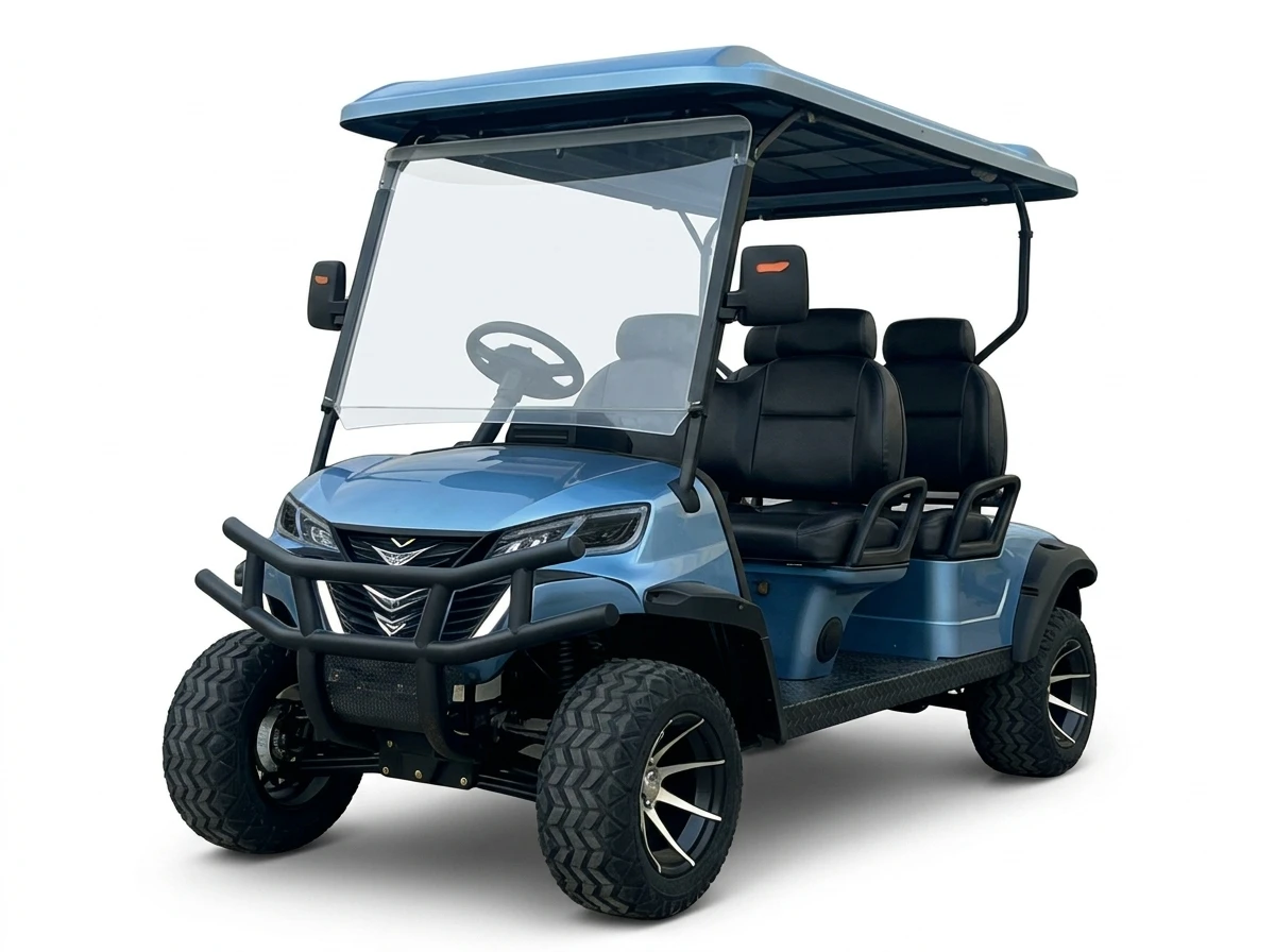 Blue four-seat electric golf cart on a white background