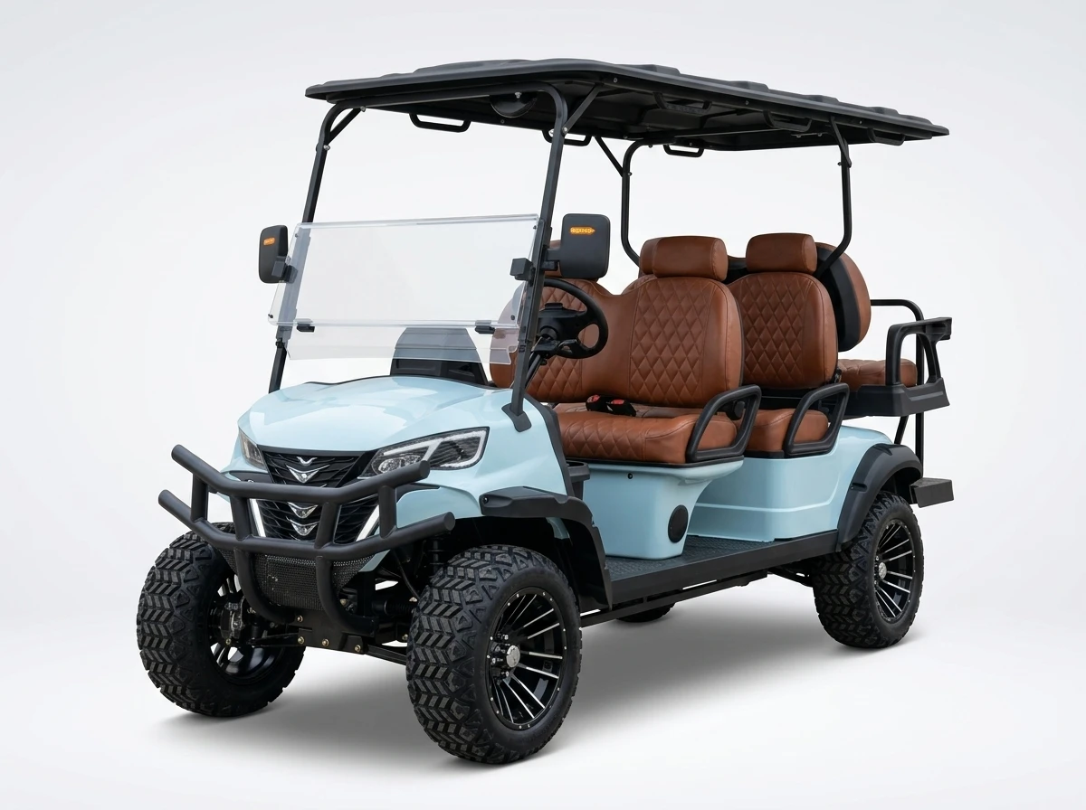 Light blue six-seat electric golf cart on a white background