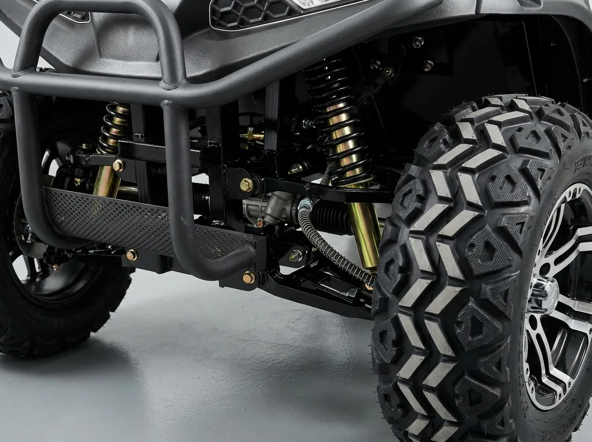 Front suspension detail of a four-seat electric golf cart