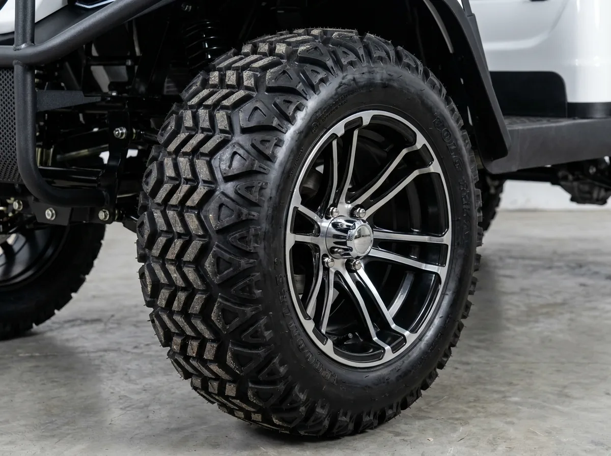 Wheel and tire detail of a four-seat electric golf cart