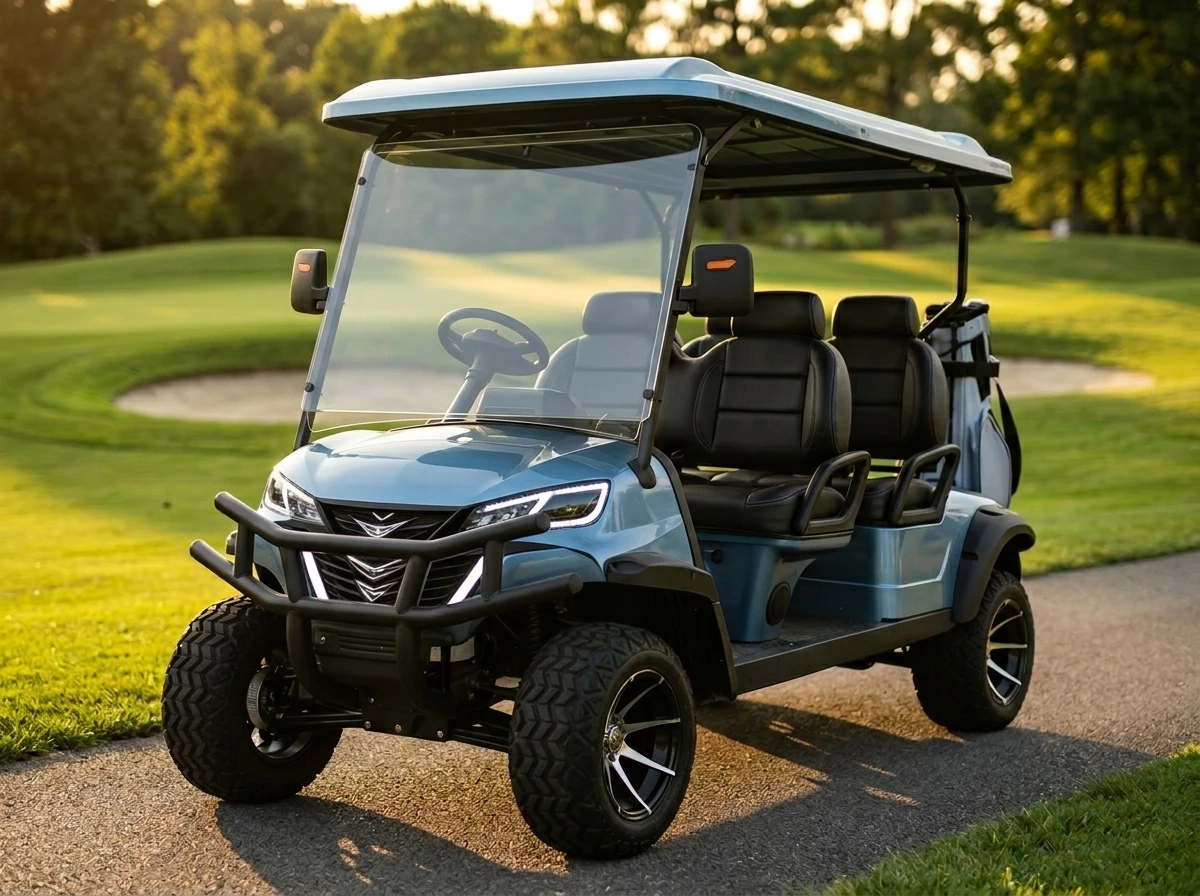 Blue four-seat electric golf cart on a golf course