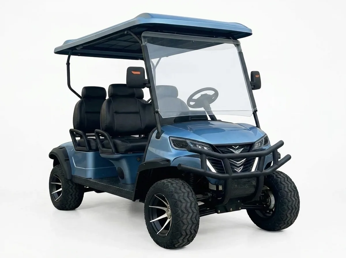 Blue four-seat electric golf cart in front three-quarter view on a white background