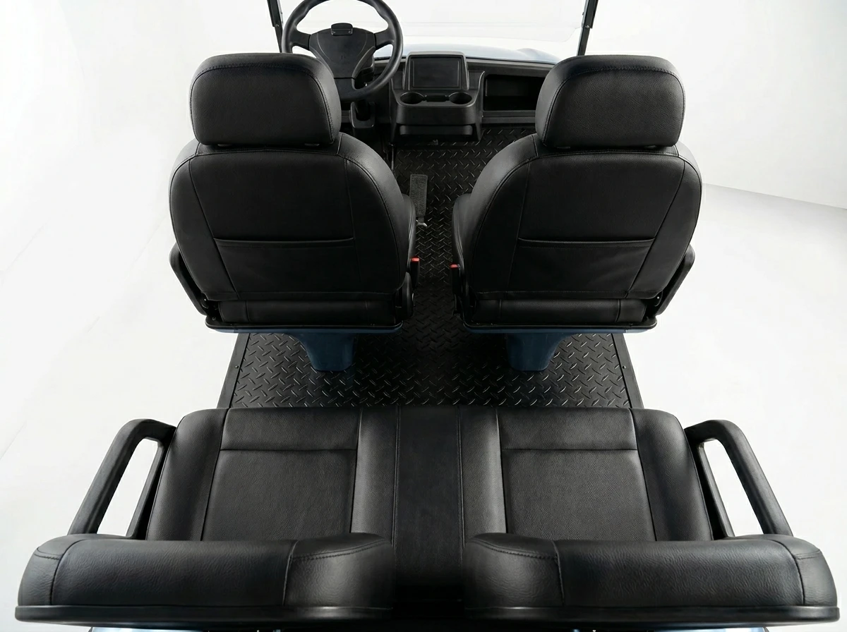 Interior seating detail of a four-seat electric golf cart