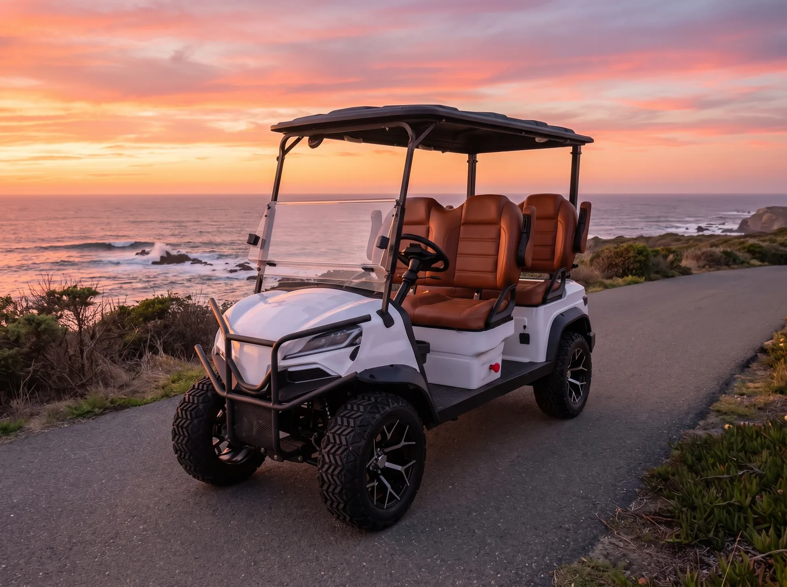 White four-seat electric golf cart on a coastal property road