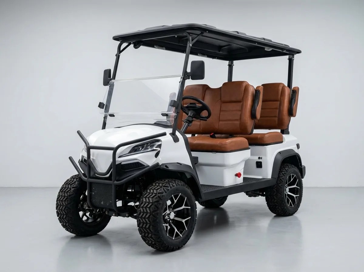 White four-seat electric golf cart in left-front studio view