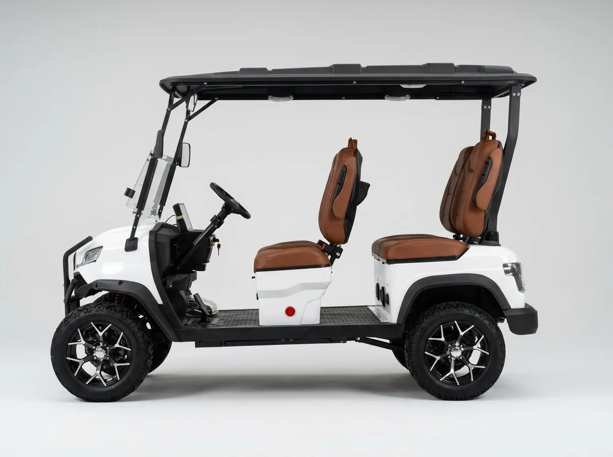 Side profile of a four-seat electric golf cart