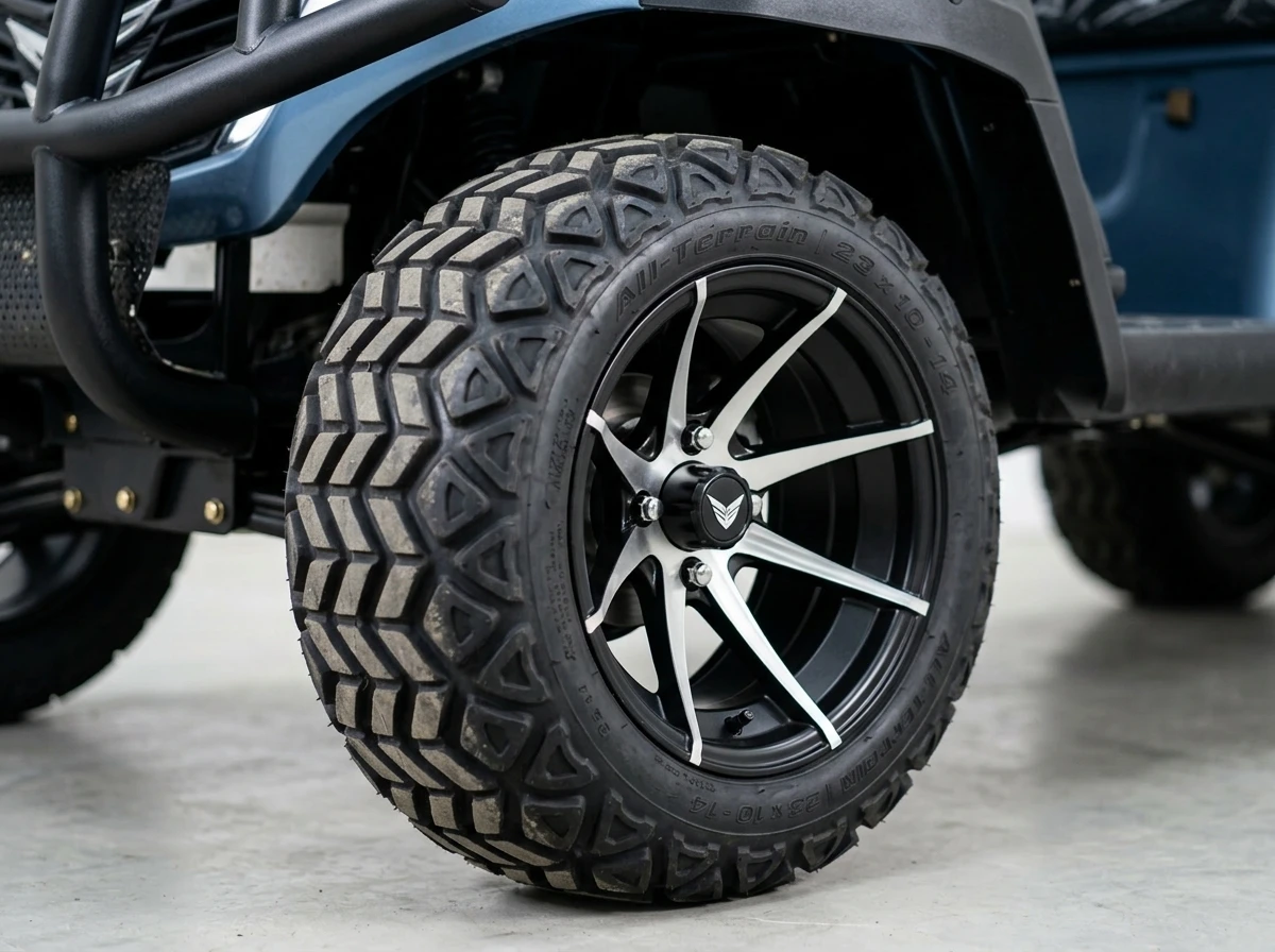 Tire and wheel detail of a blue electric golf cart