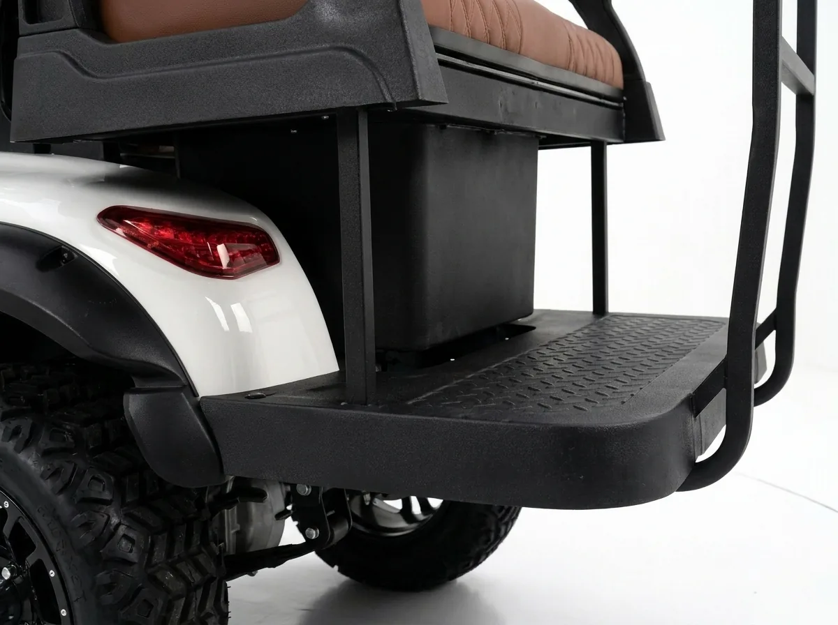 Rear step platform and taillight detail of a six-seat electric golf cart