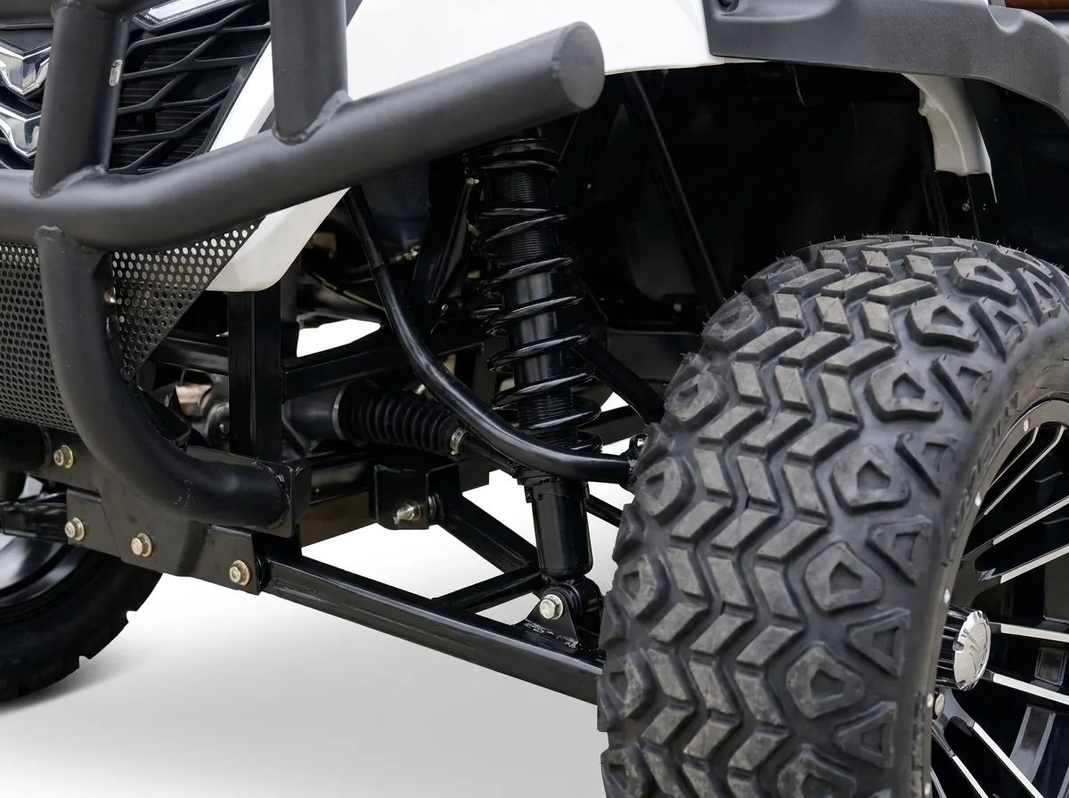 Front suspension detail of a six-seat electric golf cart