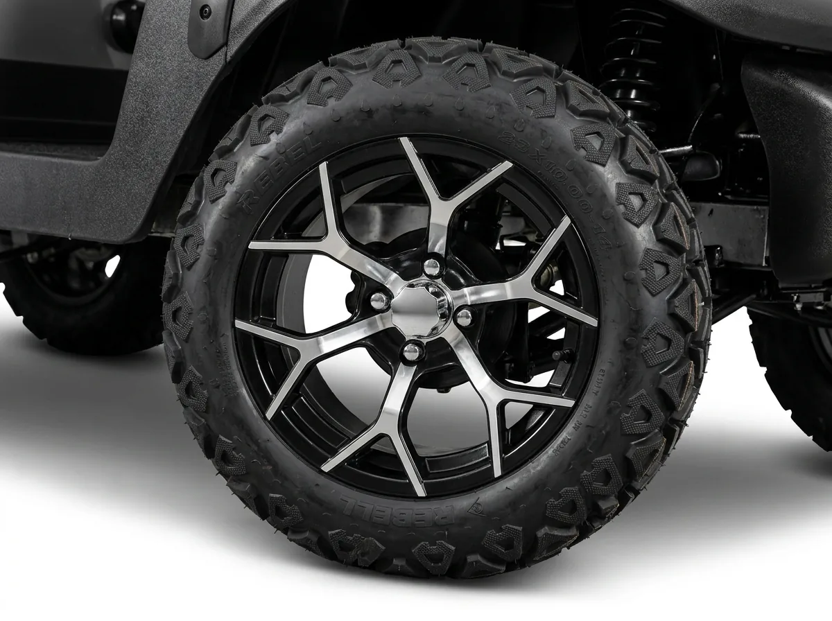 Wheel and tire detail of a six-seat electric golf cart