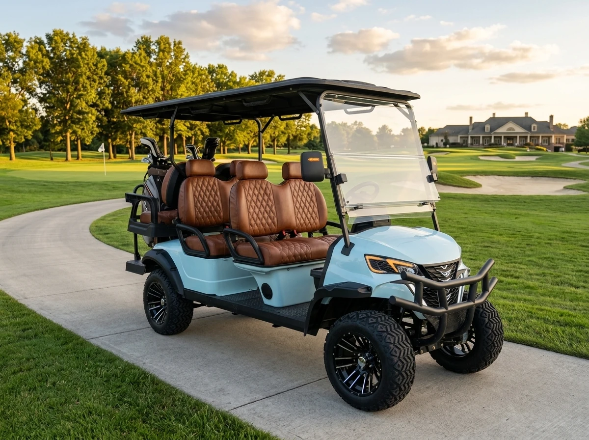Light blue six-seat electric golf cart on a golf course