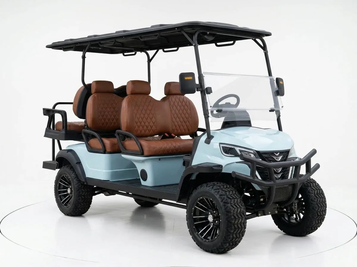 Light blue six-seat electric golf cart in front three-quarter view on a white background