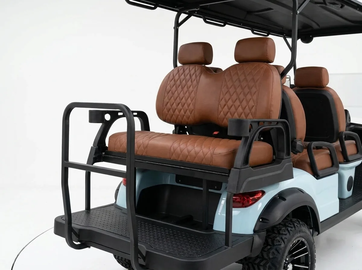 Rear passenger seats in a six-seat electric golf cart