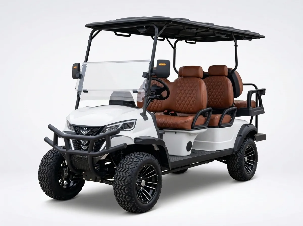 White six-seat electric golf cart in left-front studio view
