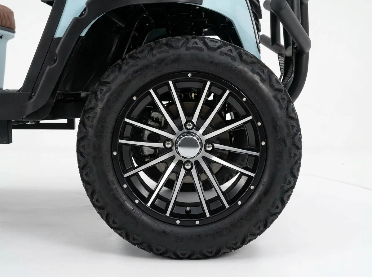 Tire and wheel detail of a six-seat electric golf cart