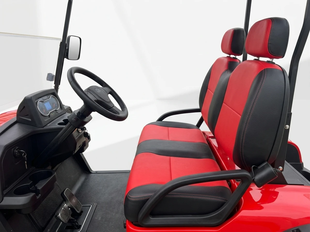 Red and black bucket seats in a two-seat electric golf cart