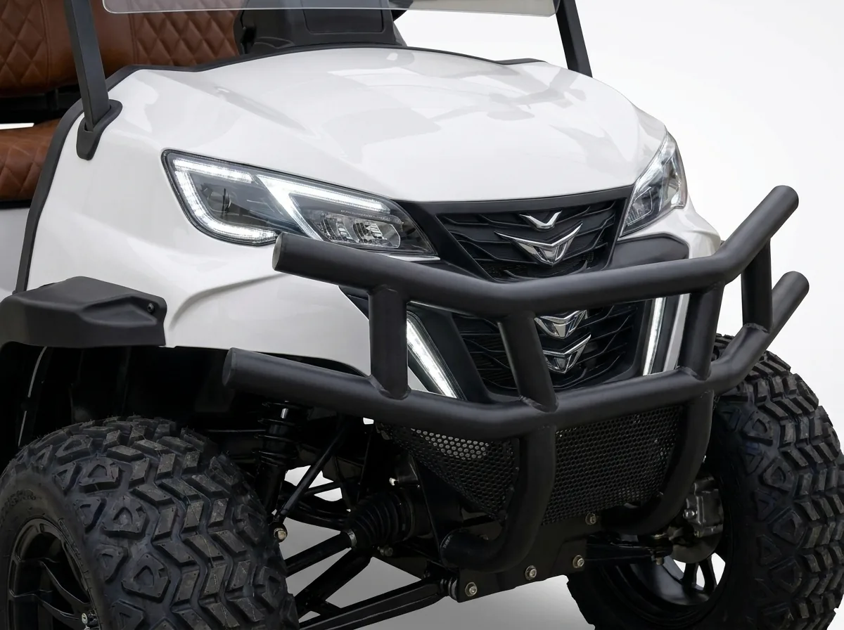Front assembly detail of a white two-seat electric golf cart