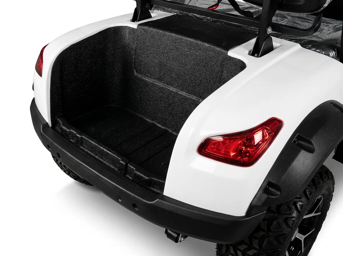 Rear cargo area and taillight detail of a two-seat electric golf cart