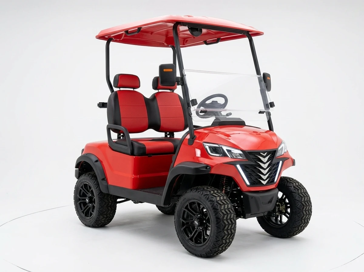 Red two-seat electric golf cart in front three-quarter view on a white background