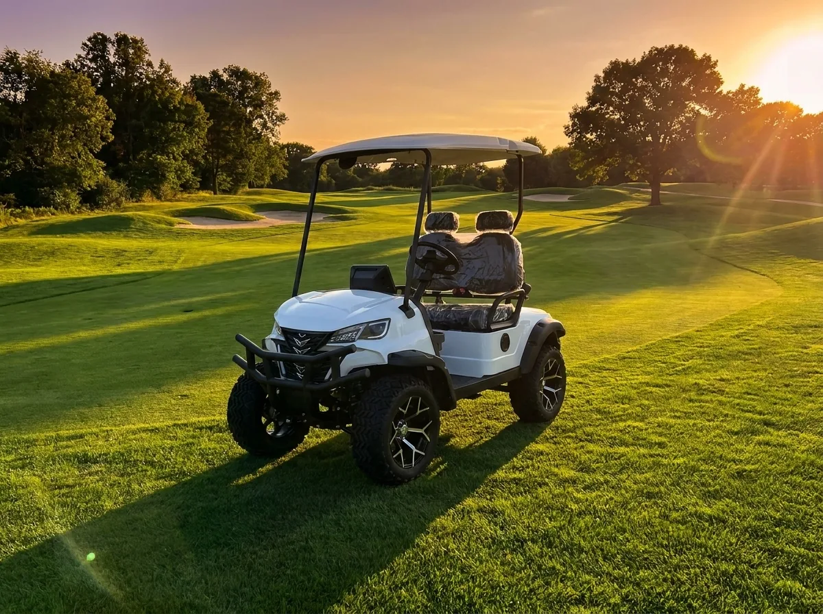 White two-seat electric golf cart on a fairway