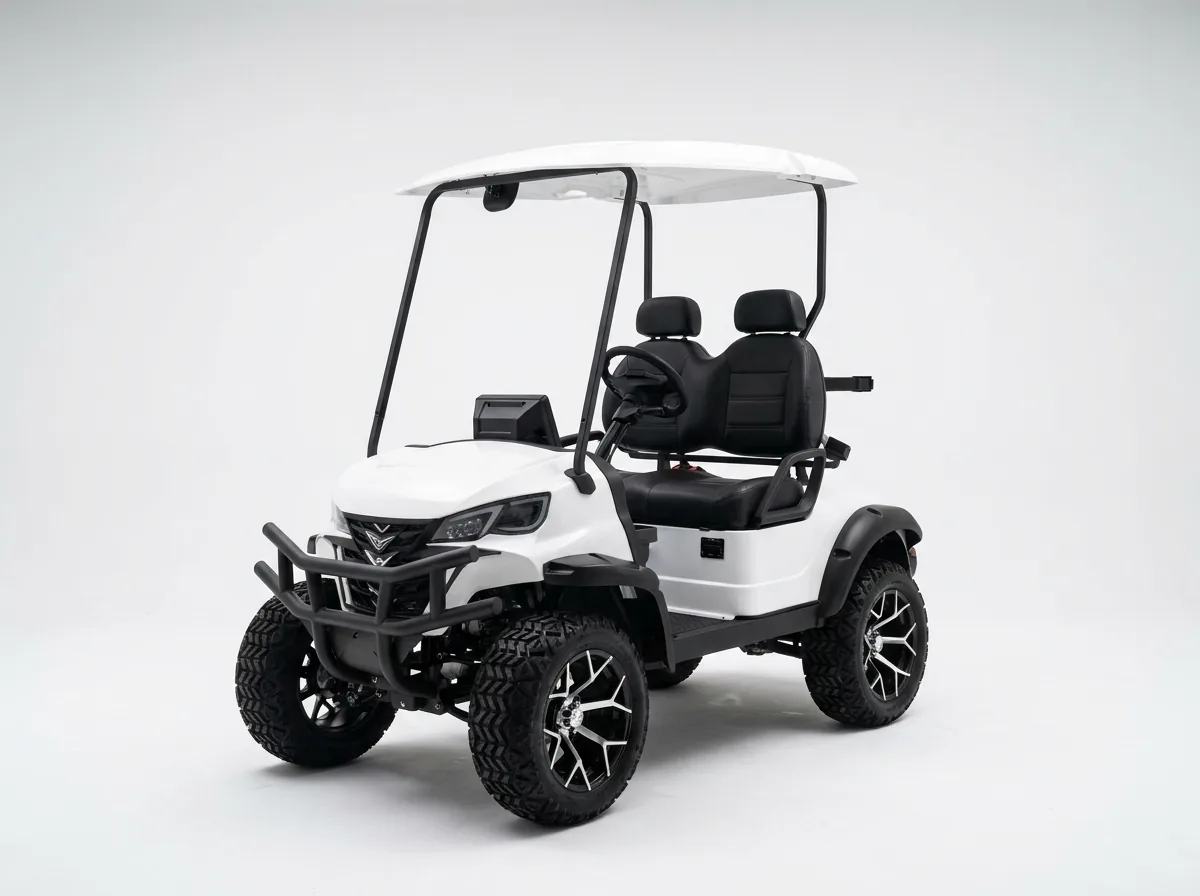 White two-seat electric golf cart in left-front studio view