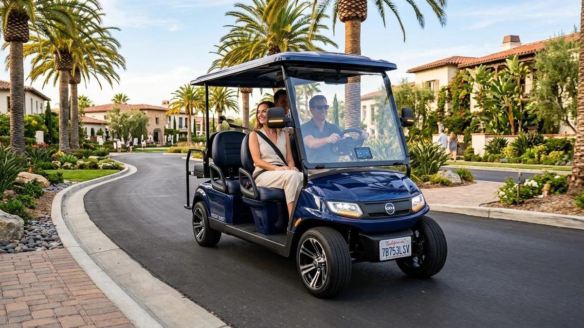 Street-legal electric low speed vehicle on a community road