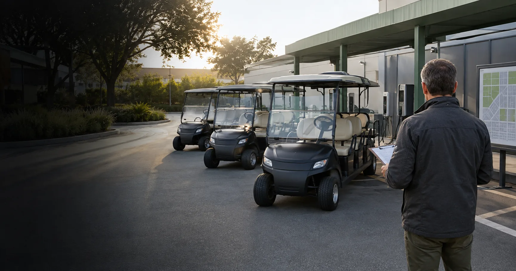 Electric golf carts prepared for a multi-vehicle order