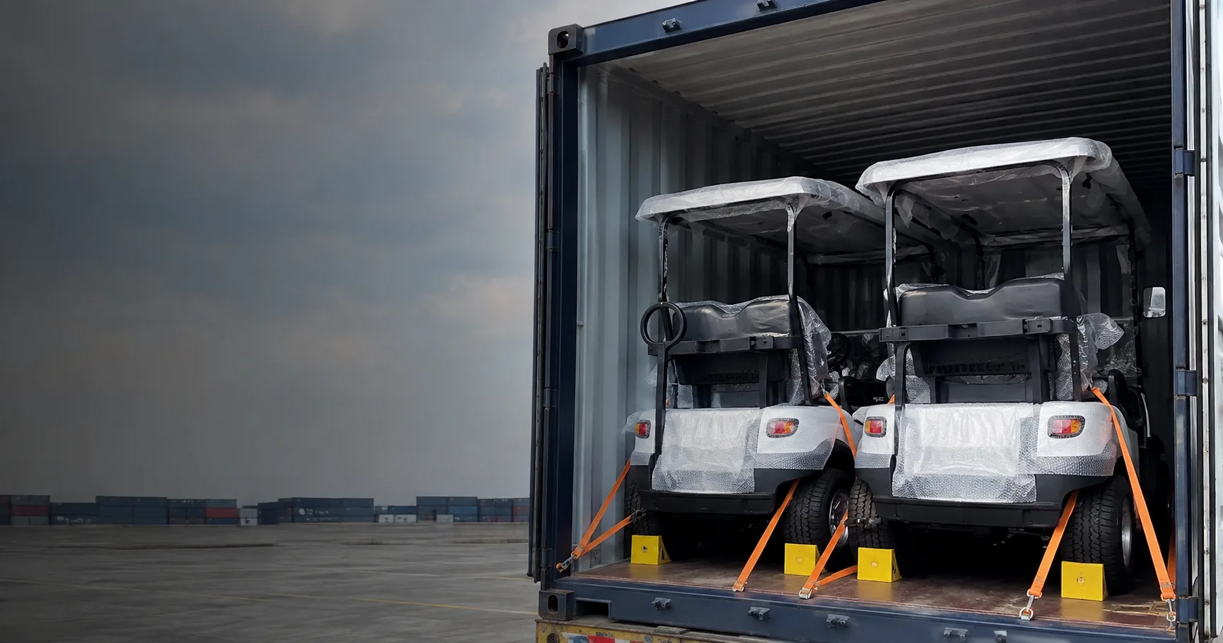 Electric golf carts prepared for container shipment